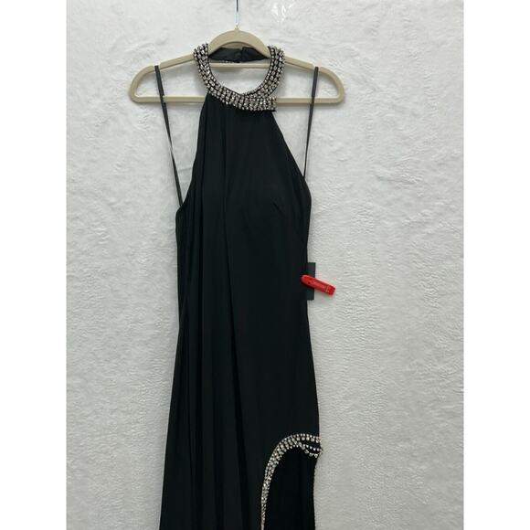 NWT Mac Duggal 26553 Womens Black Rhinestone Accents High Slit Halter Gown Sz 4 - Picture 5 of 16